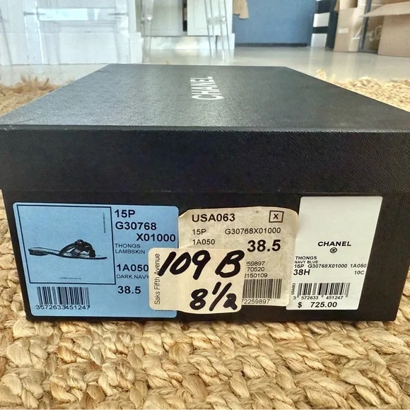 Chanel Camellia Thong Sandals – Navy Lambskin Leather with CC Logo, Size 38.5 - Picture 8 of 9